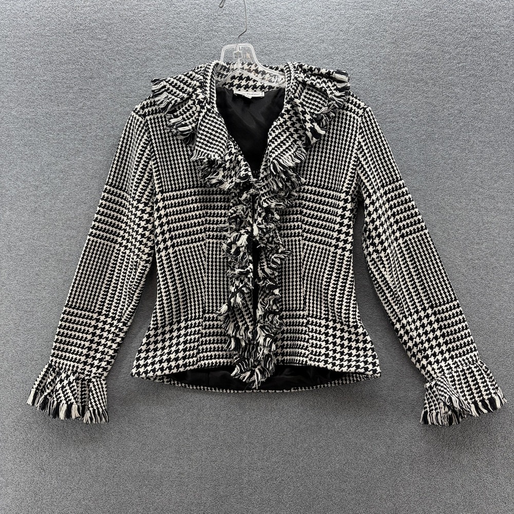 Anne Fontaine Jacket Womens 2 Black White Tweed Ruffle Fringe Full Zip Blazer - Picture 1 of 14
